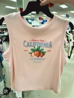 Source Unknown Pink "California Strawberries" Sleeveless Crop Top